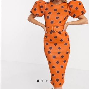 ASOS Puff sleeve geometric print belted midi dress